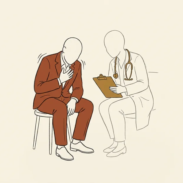 A clinician with a stethoscope examines a seated business owner, the check-up